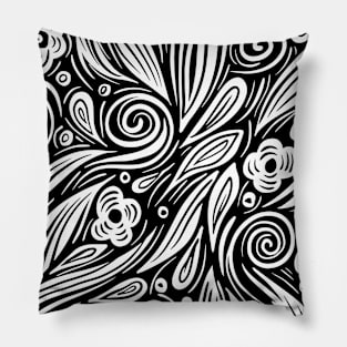Black and white floral line art background wallpaper Pillow