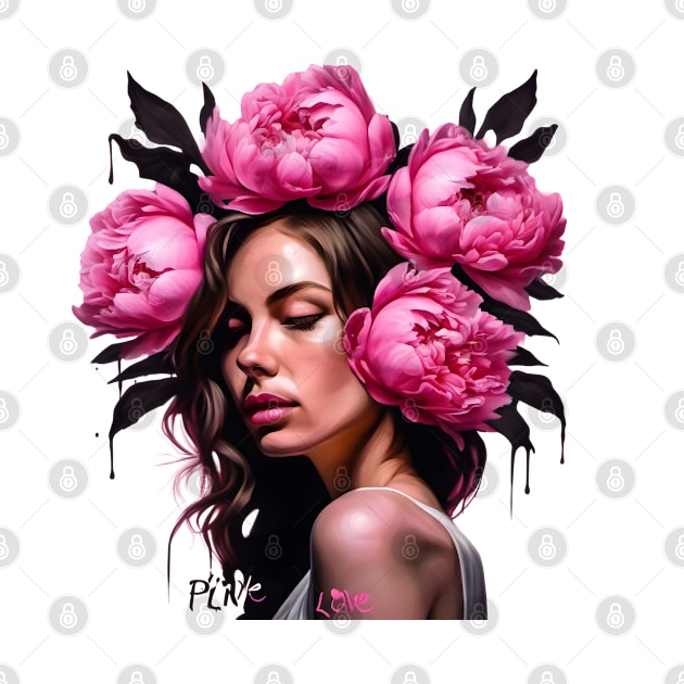 Flower Head Woman with Pink Peony Roses by Ravenglow