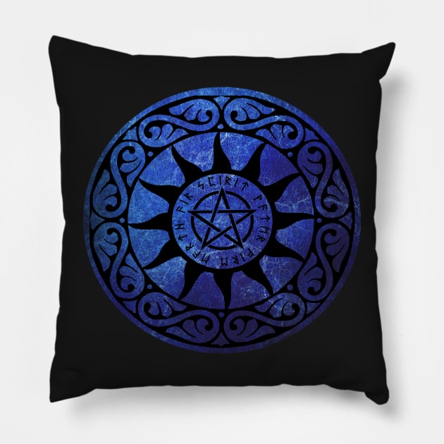 Five Elements Runic Magical Pentacle -  Blue Version Pillow by sarahwainwright