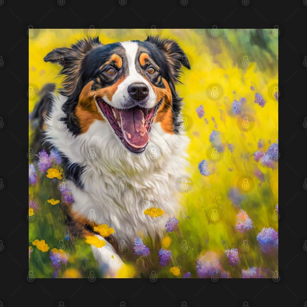 Wildflowers and Australian Shepherd Impressionist Art Print by TheArtfulAllie