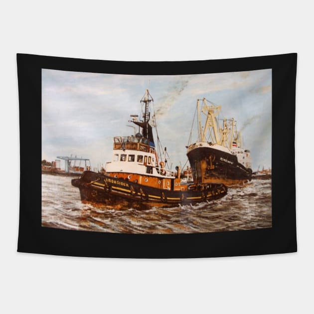 SUN TUG IRONSIDE SWINGING A SHIP TO ENTER WEST INDIA DOCK Tapestry by MackenzieTar