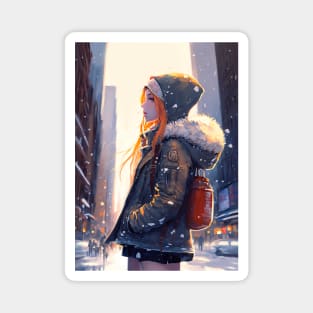New York Anime girl enjoying the city snow Magnet