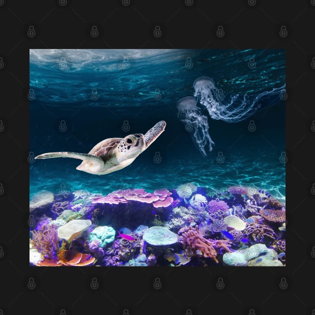 Sea Turtle swimming near Coral Reefs and Jellyfish by Brasilia Catholic