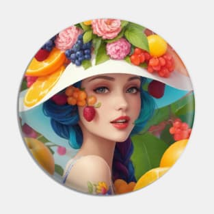 А woman with a white hat and some colorful fruity Pin