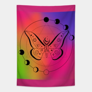 Cosmic Wiccan Mystical Rainbow Butterfly with Moon Phases Tapestry