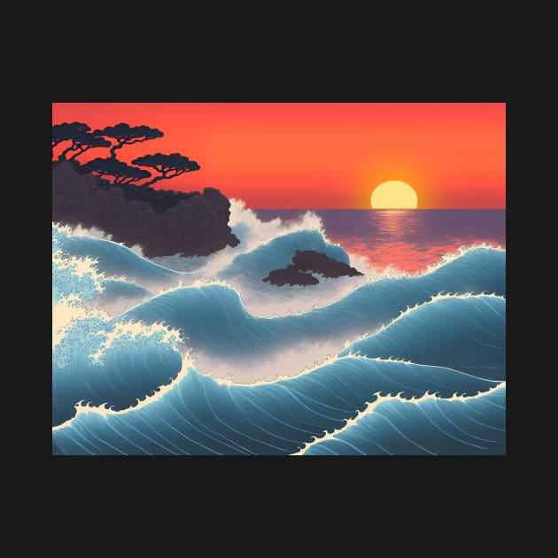 Ukiyo-e Japanese Art - Waves Crashing Against a Rocky Coast at Sunset by allovervintage