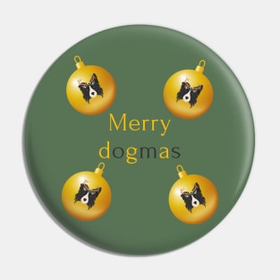 Merry Dogmas and Border Collie Head with Reindeer Ear in Golden Christmas Baubles Pin