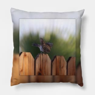 Female House Finch on Wooden Fence Digital Art Pillow