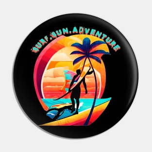 Surf Sun Adventure, Hello Summer Vintage Funny Surfer Riding Surf Surfing Lover Gifts Pin