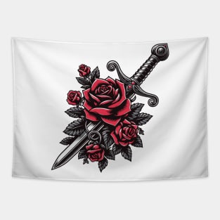 Tattoo Art - Dagger with roses Tapestry