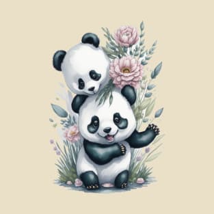 Two funny Pandas around Flowers: Scattered Watercolor in Pastel Colors T-Shirt