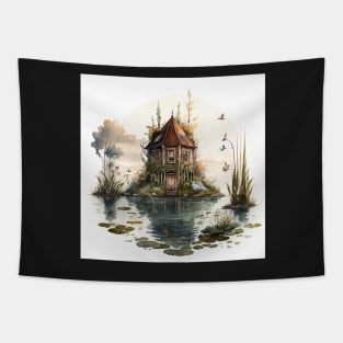 Watercolor Swamp Cabin Tapestry