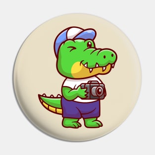 Cute Crocodile Photographer Holding Camera Cartoon Pin