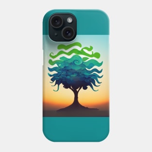 Solitary stylized tree at sunset with green and blue leaves. Phone Case