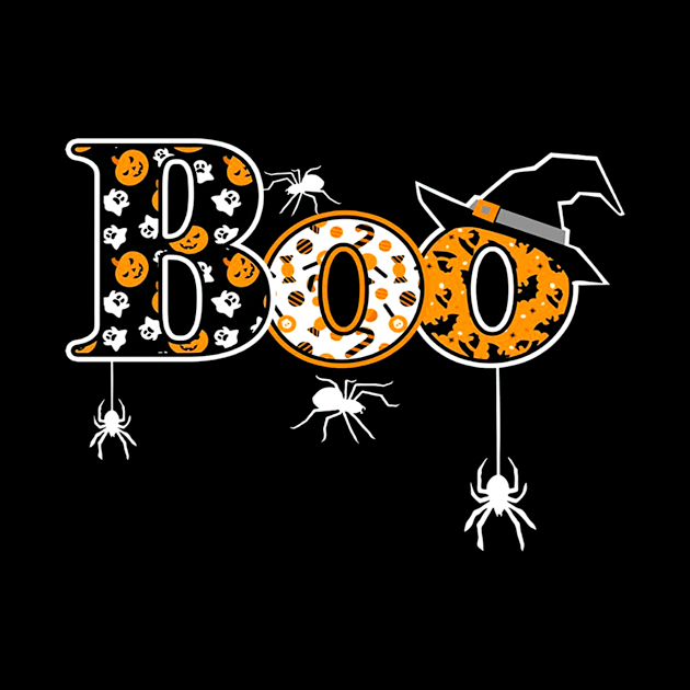 Boo Halloween T Shirt With Spiders And Witch Hat by klausgaiser