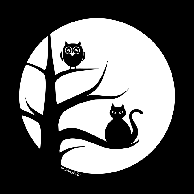 Cute Cat and Owl in Tree, Silhoutte against Full Moon by Markadesign