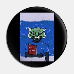 Expressive Male Character with Animal Mask and Green Eyes Reading a Blue Book Pin