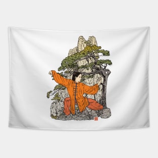 Tai Chi Warrior in the Mountains (Orange) Tapestry