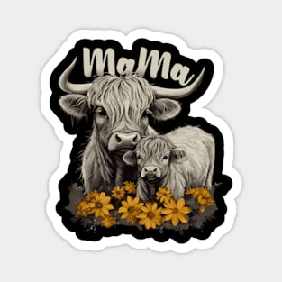 Mama Highland Cow With Baby Calf Flower Animal Magnet