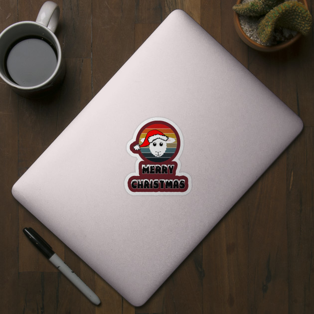 Funny Sheep Face White Cartoon With Santa Claus Hat On Retro Sunset Circle Stripes Grunge Background Merry Christmas Snow Lettering. FUNNY ANIMALS COLLECTION, 2/12 - Noel - Sticker