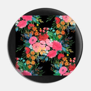 Elegant Pink watercolor Floral Bouquet Black Design Pin