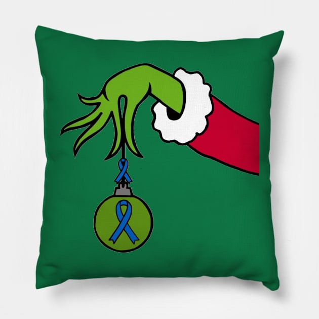 The Green Mean One holding a Awareness Ribbon Christmas Ball (Blue) Pillow by CaitlynConnor