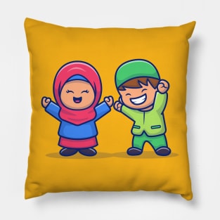 Girl And Boy Moslem Celebrating Eid Mubarak Cartoon Illustration Pillow