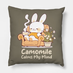 Cute Bunny Enjoying Chamomile Tea Cup. Camomile Tea Lover. UK Spelling. Pillow