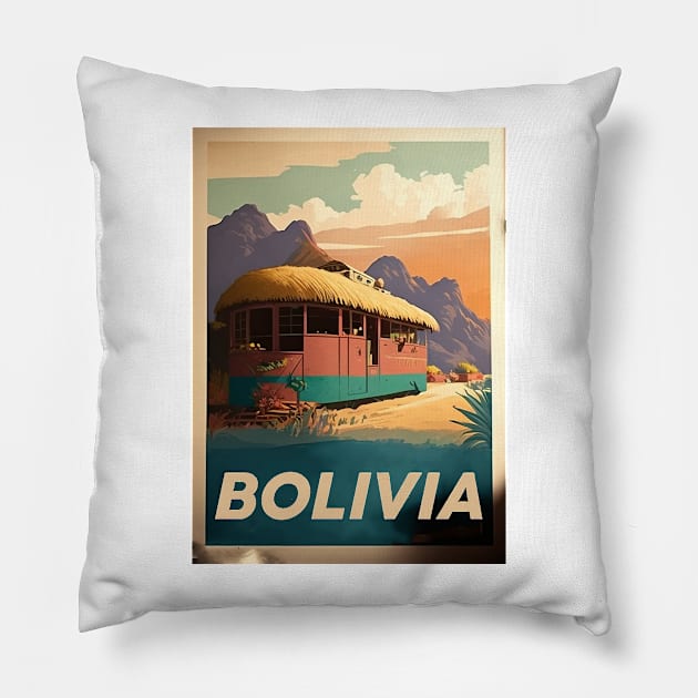 Bolivia Hut Vintage Travel Art Poster Pillow by OldTravelArt