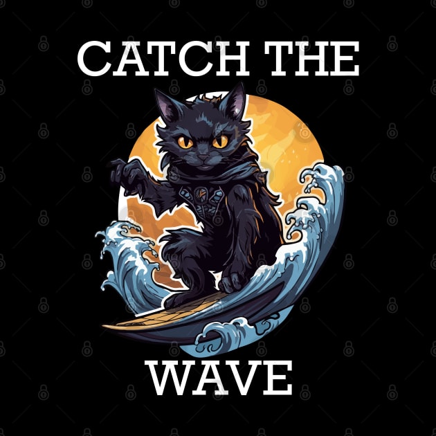 Black Cat Surfing - Catch The Wave (White Lettering) by VelvetRoom