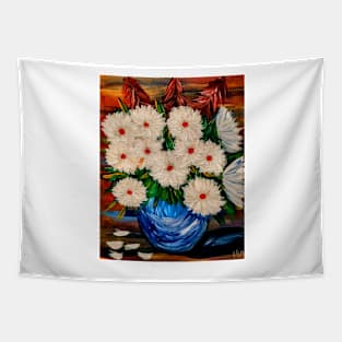 beautiful large carnation flowers in a blue bowl vase Tapestry