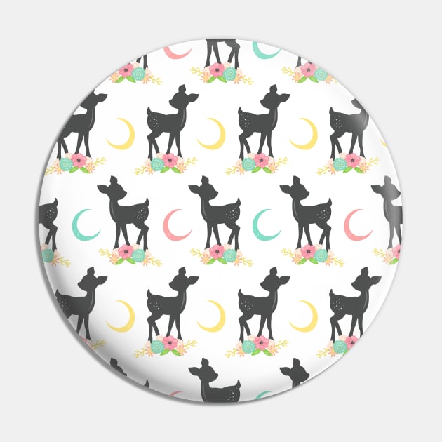 Deer Pattern, Baby Deer, Boho, Flowers, Moon Pin by Jelena Dunčević