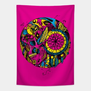 CMYK Skull and Dreamcatcher Circle Tapestry