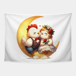 Valentine Chicken Couple on Moon Tapestry