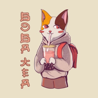 Kawaii anime cat drinking boba tea T-Shirt