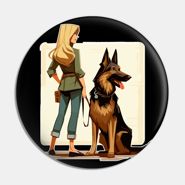 Cartoon woman with German Shepherd Pin by TomFrontierArt