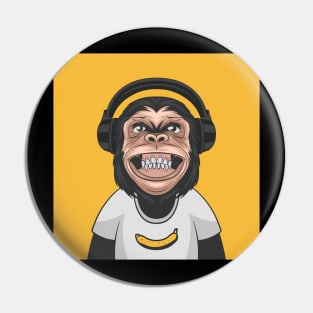 funny smiling chimpanzee ape with headphones and banana Pin