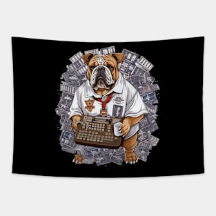 Accountant English Bulldog t-shirt design, a bulldog wearing a graduation gown and holding a calculator Tapestry