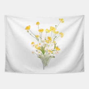 yellow buttercup and white daisy flowers bouquet ink and watercolor Tapestry