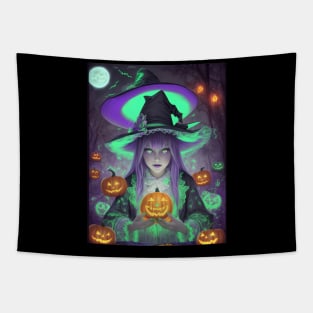 Halloween spooky cute black witch Tapestry