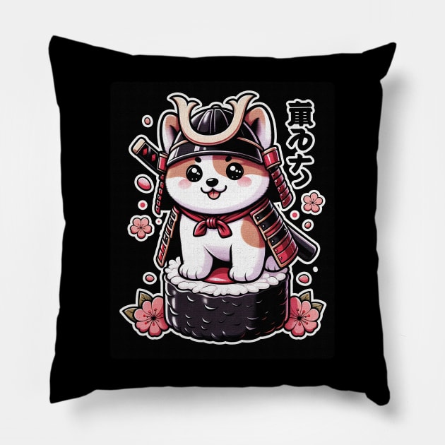 Kawaii Samurai Animal Puppy Dog Warrior with Katana Cute On top of Sushi Pillow by EmuftyDesign