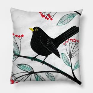 Blackbird in the Snow - Traditional Christmas scene by Cecca Designs Pillow