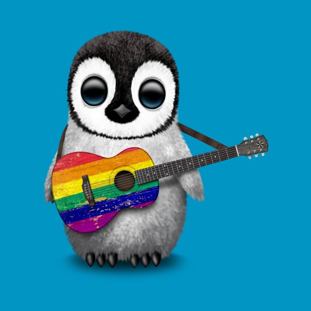 Baby Penguin Playing Gay Pride Rainbow Flag Guitar by jeffbartels