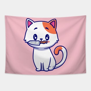 Cute Cat With Knife Cartoon Tapestry