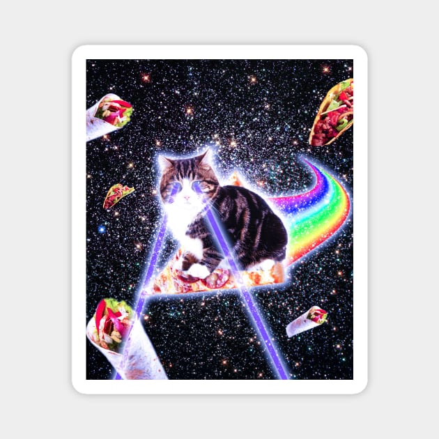 Laser Eyes Space Cat Riding Rainbow Pizza Magnet by Random Galaxy