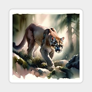 Mountain Majesty: Stealthy Mountain Lion Watercolor Magnet