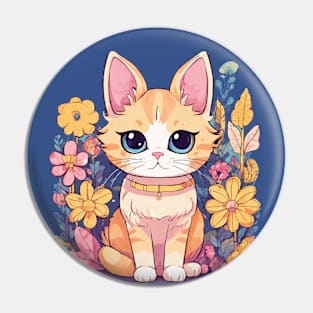 Cute Cat with Flowers Pin