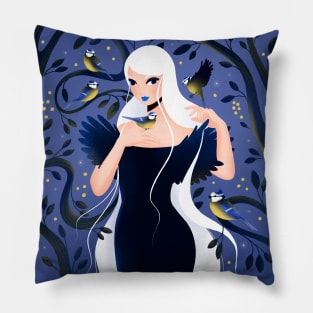 Girl in the forest with blue tit birds, version 1 Pillow