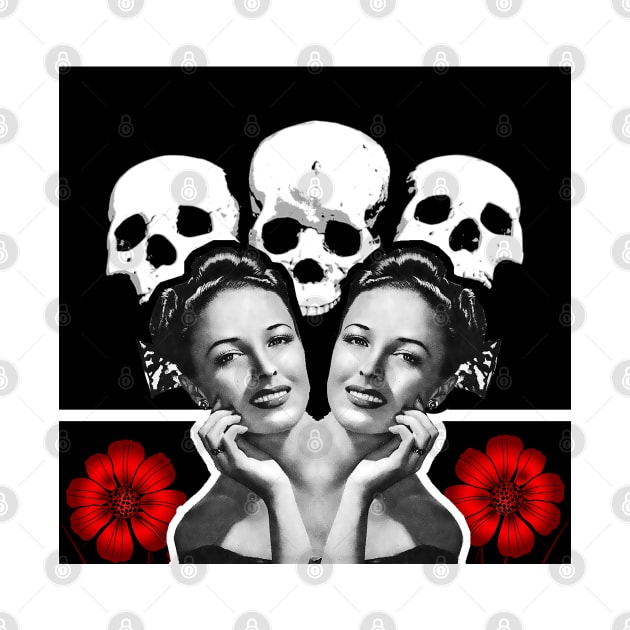 Beautiful woman face with skull and red flower by Marccelus