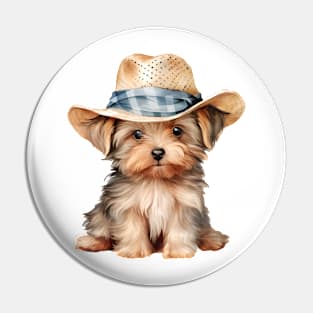Watercolor Yorkshire Terrier Dog in Straw Hat Pin